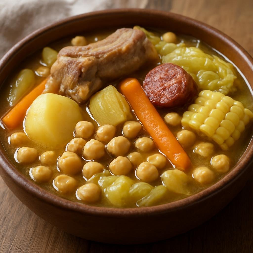 Entree: Spain – Canary Islands – Puchero Canario (Hearty Canary Islands meat-and-vegetable stew with chickpeas and root vegetables) recipe