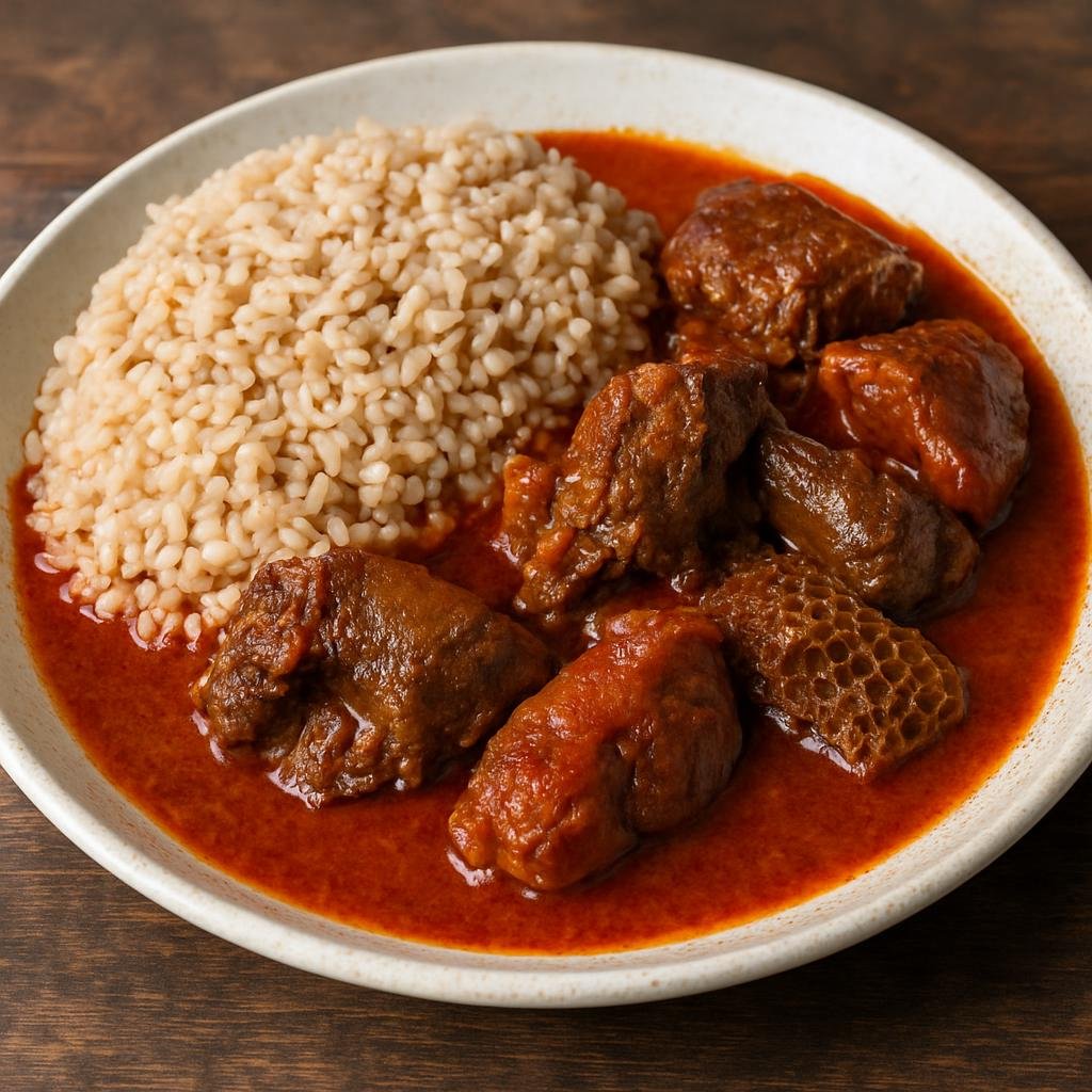 Entree: Nigeria – Lagos Street Food – Ofada Rice (Unpolished local short-grain Nigerian rice served with a spicy palm-oil pepper stew and assorted meats) recipe