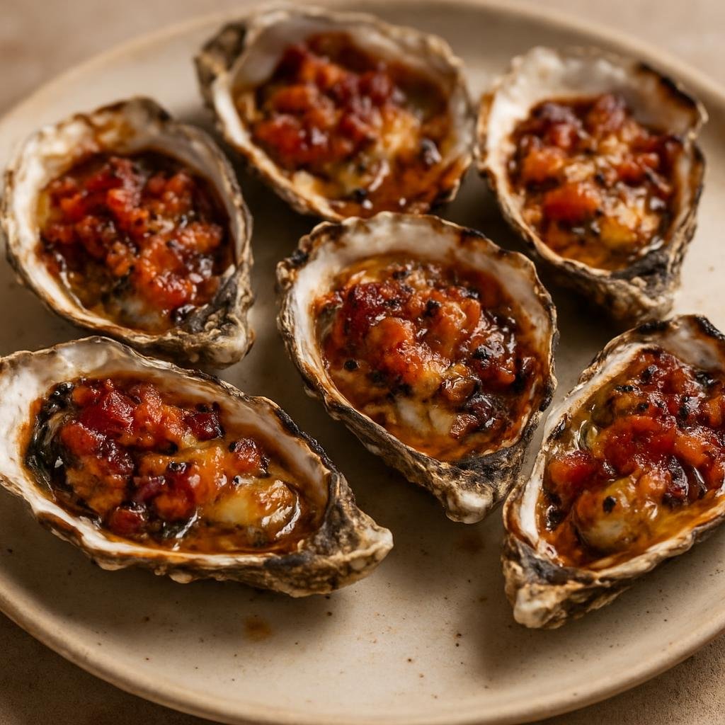 Entree: Australia – South Australia – Smoky Bay Oysters Kilpatrick (Fresh bay oysters topped with bacon, seasoned butter and Worcestershire, then grilled until smoky and bubbling) recipe