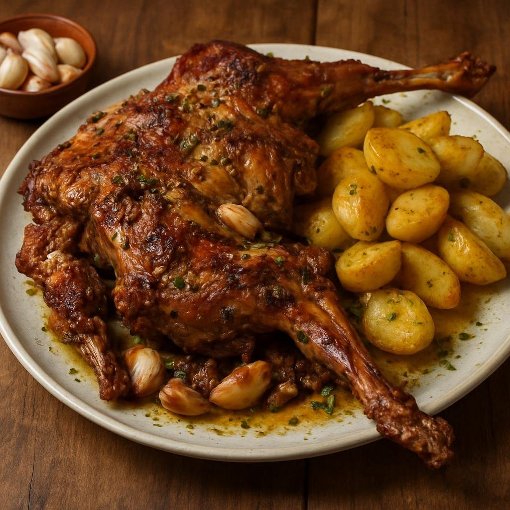 Entree: Portugal – Minho – Cabrito Assado (Roasted young goat seasoned with garlic, wine, and lard in the Minho tradition) recipe