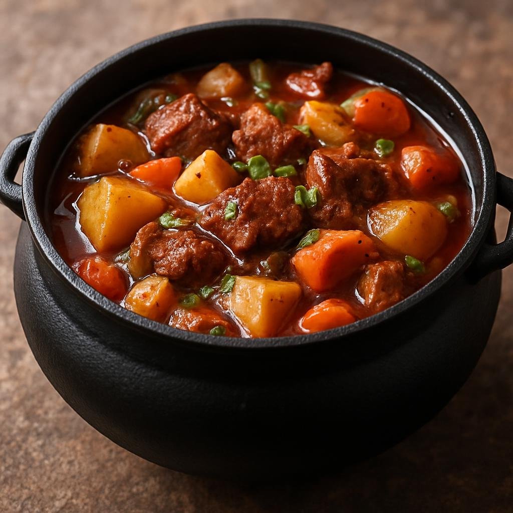 Entree: South Africa – South African Braai – Potjiekos (Traditional outdoor slow-cooked stew layered in a small cast-iron pot with meat and vegetables) recipe