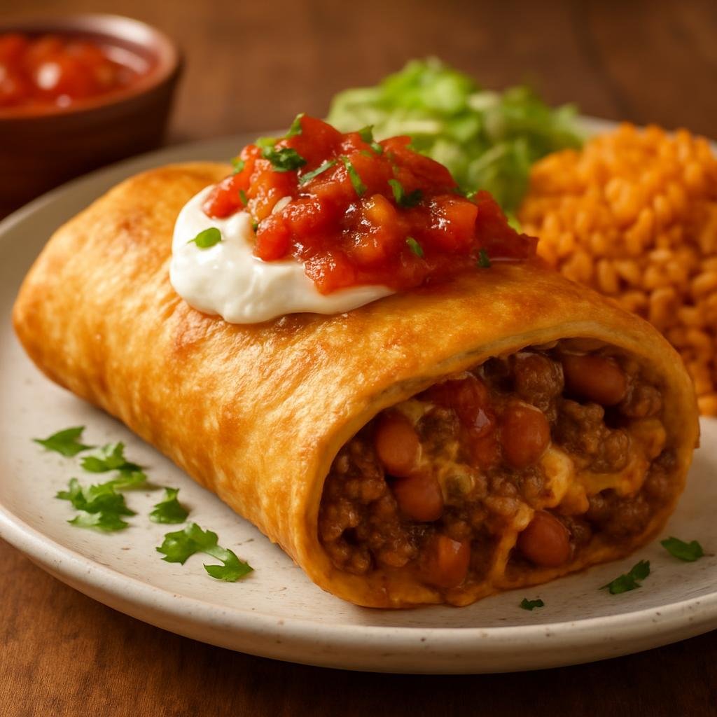 Entree: United States – California – Chimichanga (Deep-fried flour tortilla stuffed with seasoned meat, beans, and cheese) recipe