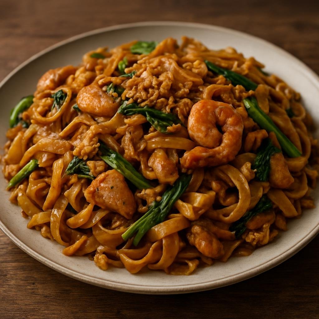 Entree: Indonesia – Chinese-Indonesian – Kwetiau Goreng (Indonesian-style stir-fried flat rice noodles with soy, savory proteins, egg, and vegetables) recipe