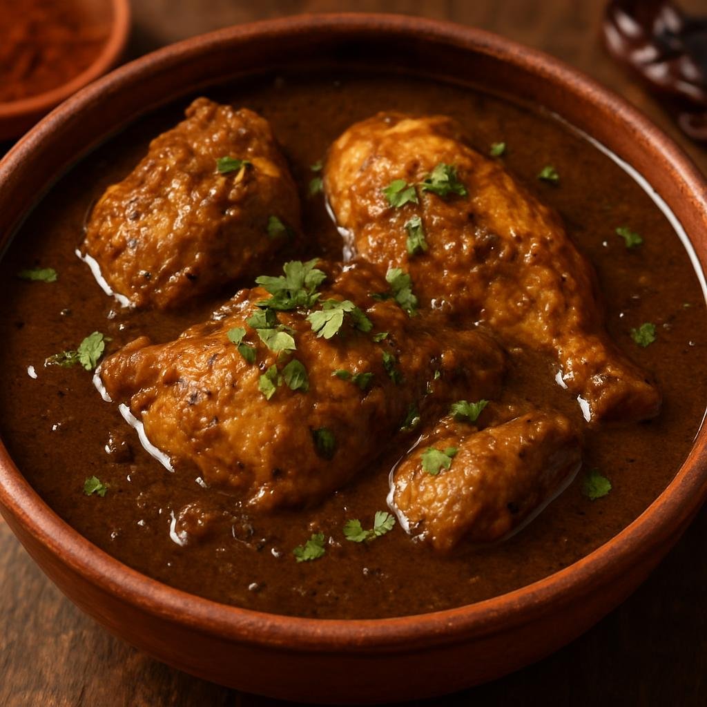 Entree: Mexico – Guerrero – Chilatequile (Guerrero-style chicken stew in a chile and cacao-flavored masa-thickened broth) recipe