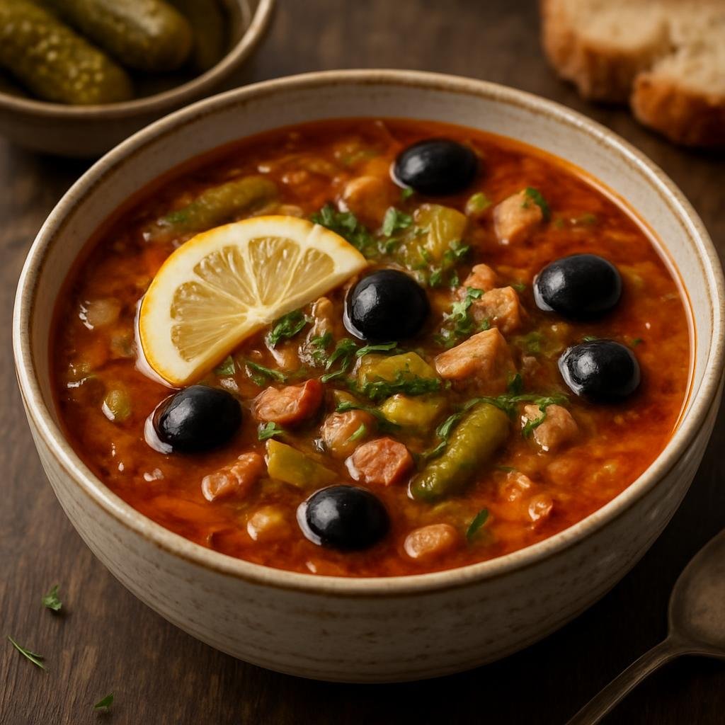 Entree: Russia – Eastern Siberia – Солянка ➤ Solyanka (Hearty Russian sour-salty meat and pickle soup with olives and lemon) recipe