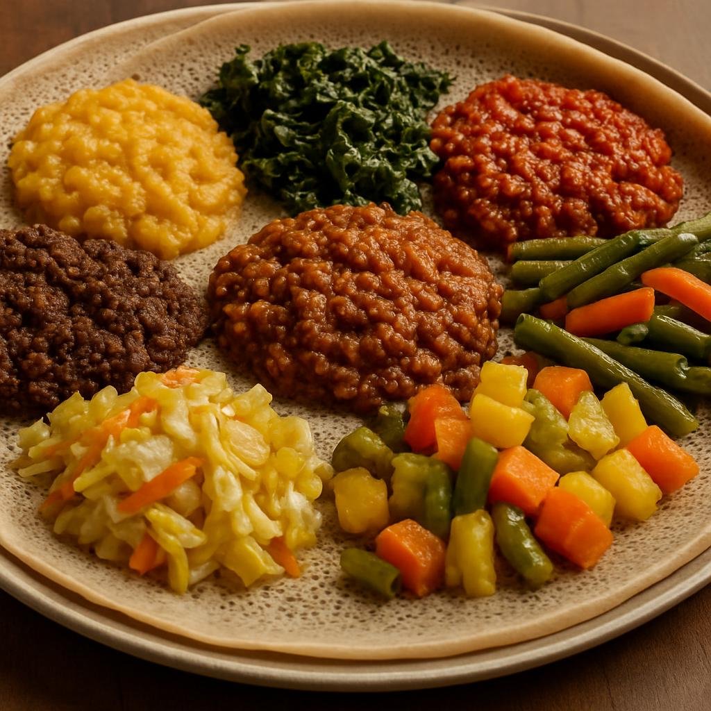 Entree: Ethiopia – Gurage – የጾም በያይነቱ ➤ Yetsom Beyaynetu (Fasting platter of assorted Ethiopian vegan stews and vegetables served on injera) recipe