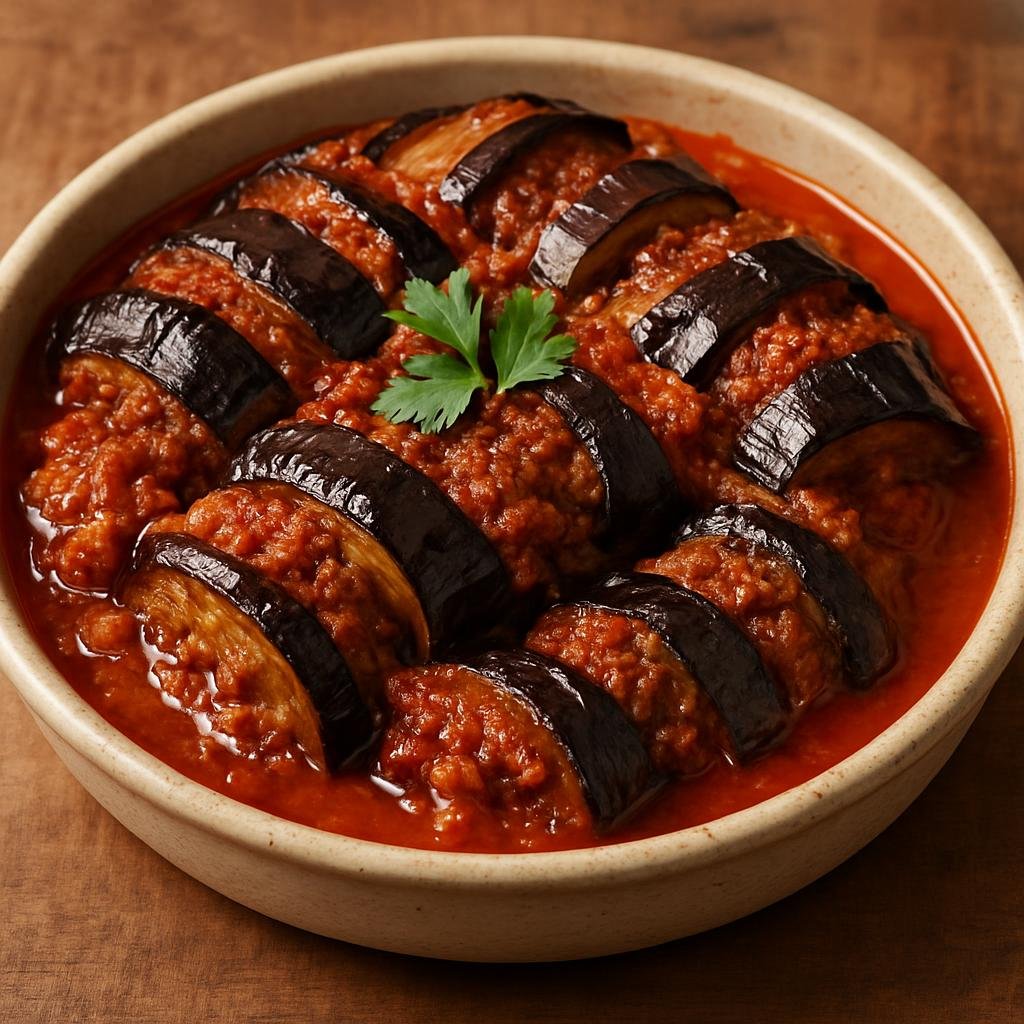 Entree: Turkey – Gaziantep – Patlıcan Kebabı (Layered lamb and eggplant kebab cooked with spiced tomato sauce) recipe