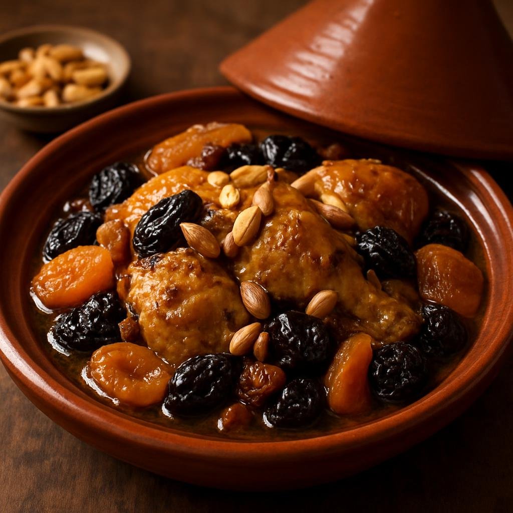 Entree: Morocco – Moroccan Jewish Cuisine – Tagine with Dried Fruits (A Moroccan Jewish slow-simmered chicken tagine stewed with warm spices, dried fruits, honey, and toasted almonds) recipe