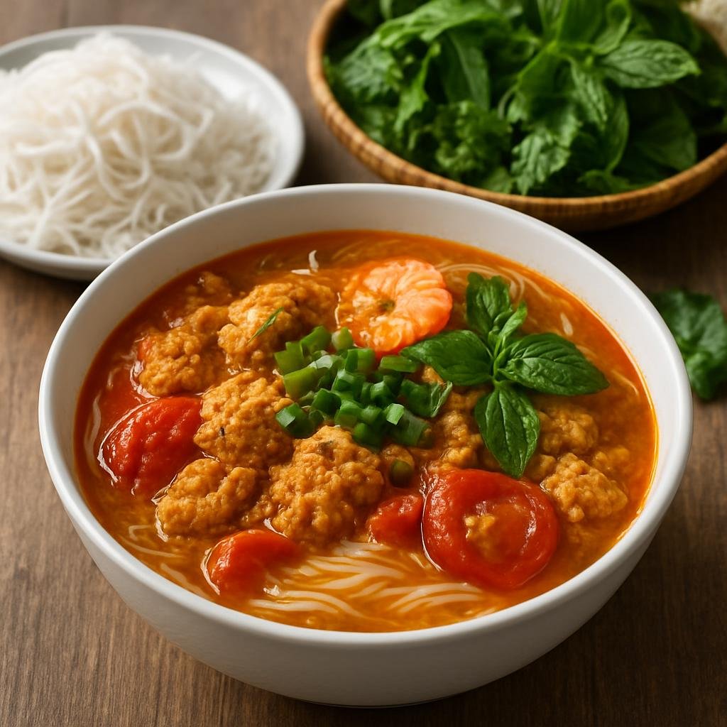 Entree: Vietnam – Northern Vietnam – Bun Rieu (Hearty Vietnamese crab-and-tomato noodle soup served with rice vermicelli and fresh herbs) recipe