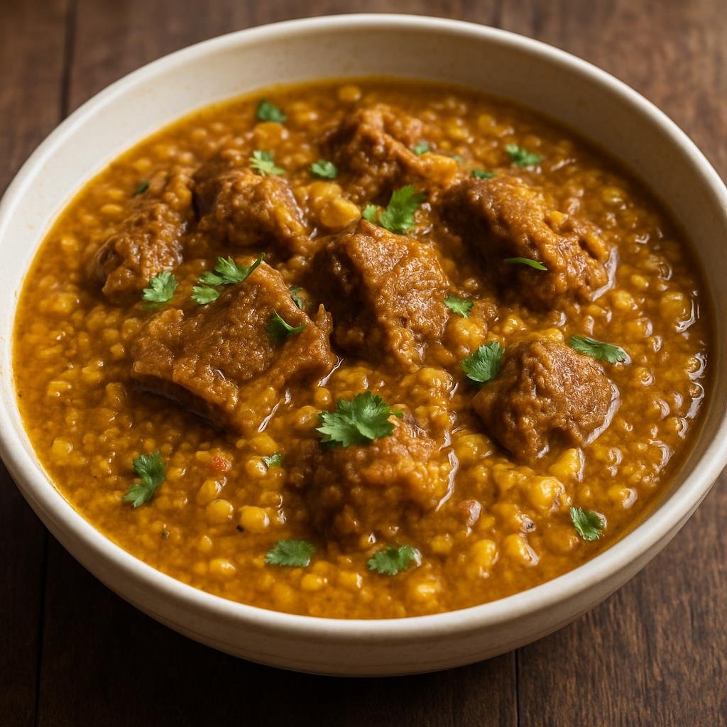 Entree: India – Bohri Muslim Cuisine – بوہری دال گوشت ➤ Bohri Dal Gosht (Spiced meat and lentil stew from the Bohri Muslim community, combining slow-cooked mutton with yellow lentils in a rich gravy) recipe