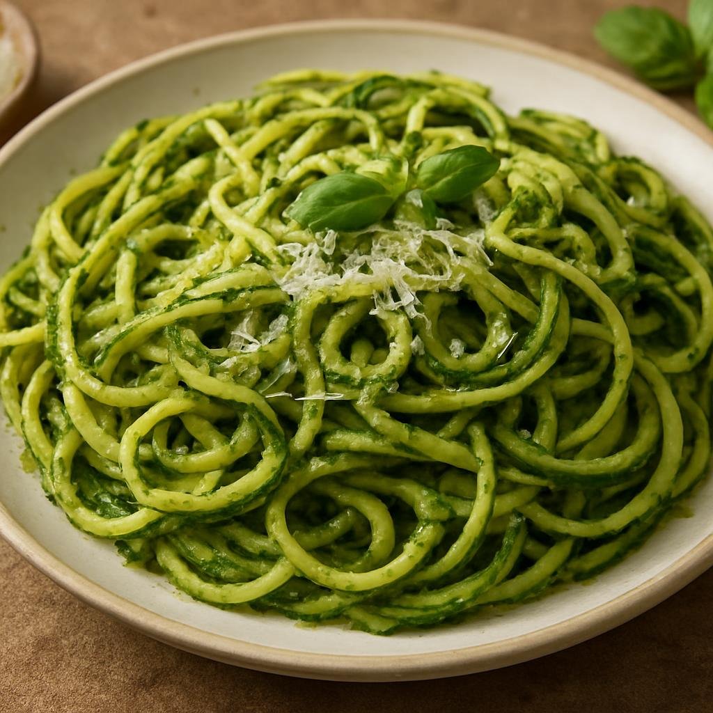 Entree: United States – California – Zucchini Noodles with Pesto (Spiralized zucchini ribbons tossed with fresh basil pesto and Parmesan) recipe