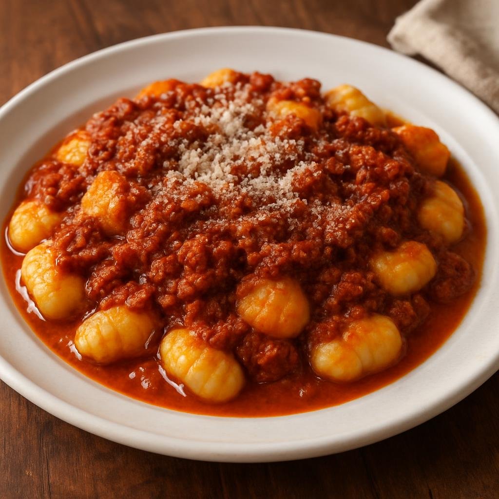 Entree: Italy – Emilia-Romagna – Gnocchi di Patate al Ragù (Soft potato dumplings served with a slow-simmered meat ragù) recipe