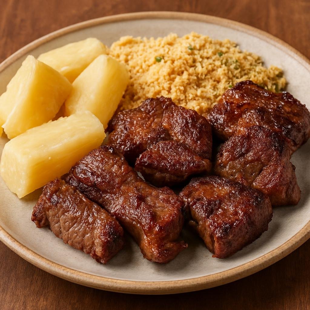 Entree: Brazil – Central Culinary Region – Carne de Sol (Salted sun-dried beef, pan-fried and served with cassava and farofa) recipe