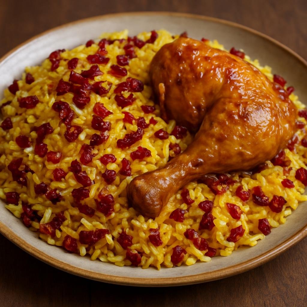 Entree: Iran – Kurdish Iran – زرشک پلو با مرغ ➤ Zereshk Polo ba Morgh (Saffron rice studded with tart barberries served with braised chicken) recipe