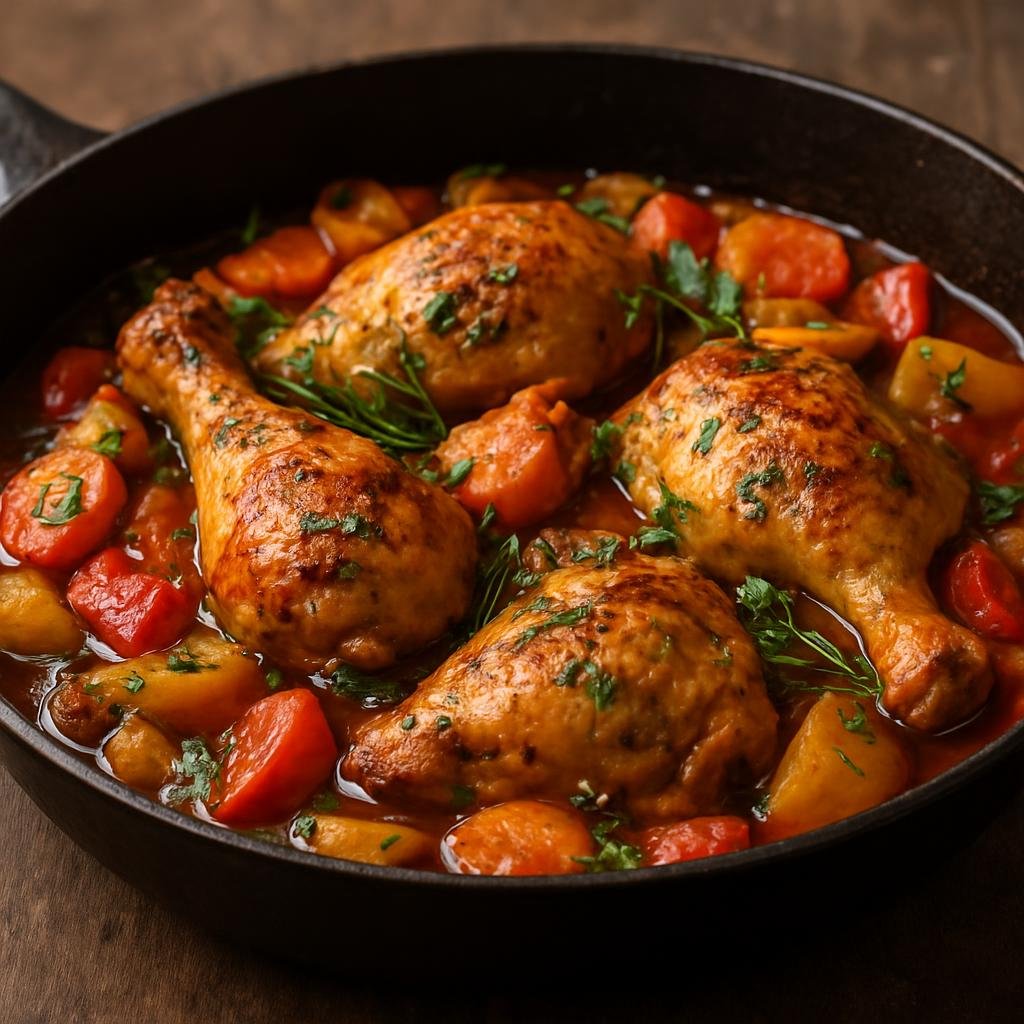 Entree: Argentina – Northeast Argentina – Pollo al Disco (Chicken braised in a wide disc-style skillet with vegetables, wine, and herbs) recipe