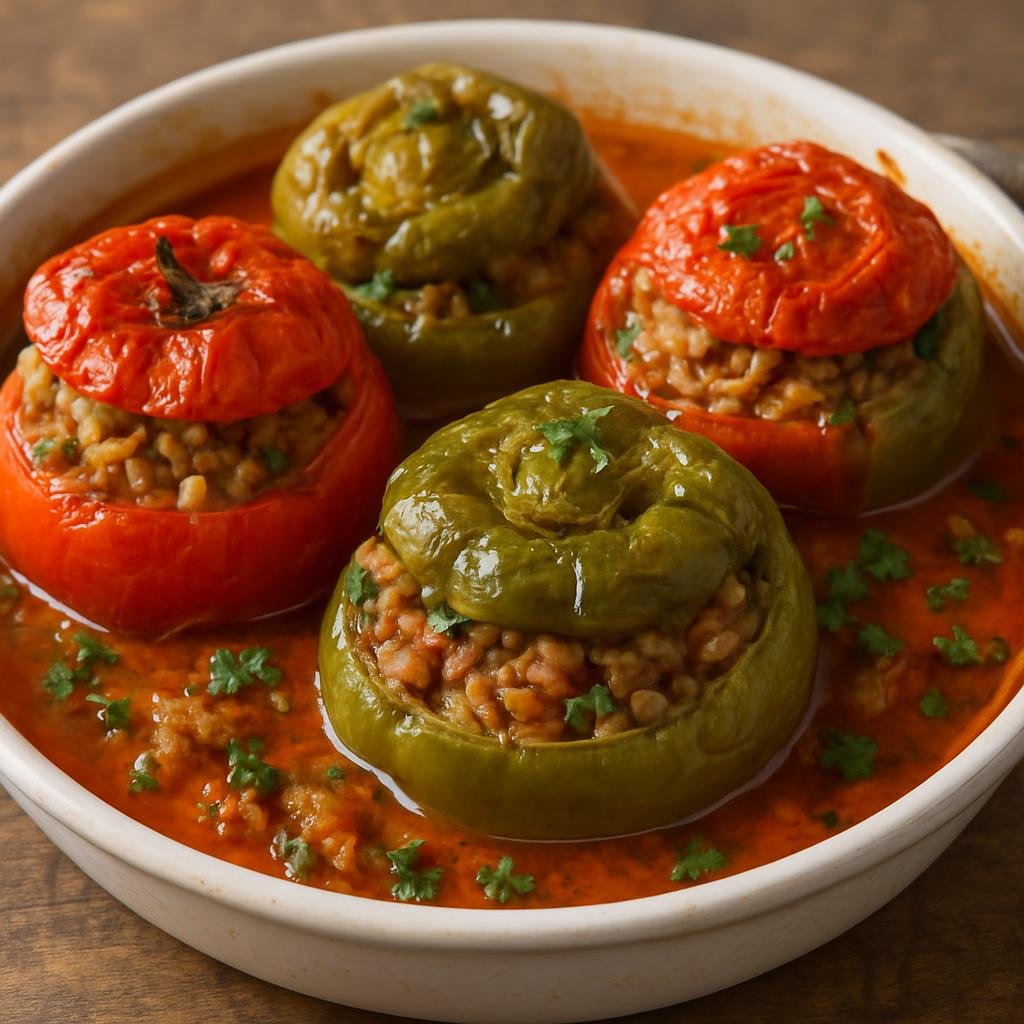 Entree: Greece – Ionian Islands – Γεμιστά ➤ Yemistá (Oven-baked tomatoes and peppers stuffed with herbed rice and ground meat) recipe