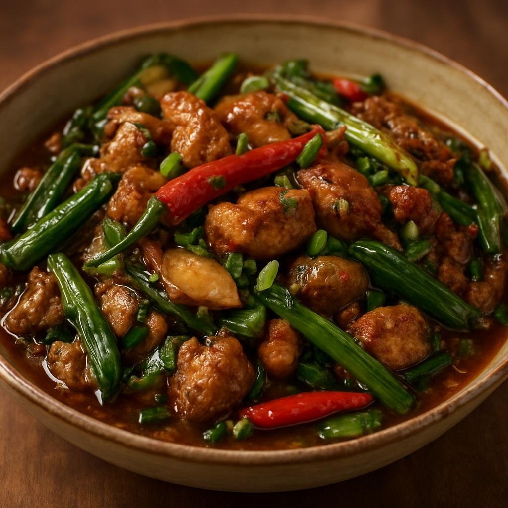 Entree: Philippines – Mindanao – Palapa (Spicy Maranao sauté of native scallions, ginger, chilies and coconut often cooked with protein into a fragrant main dish) recipe