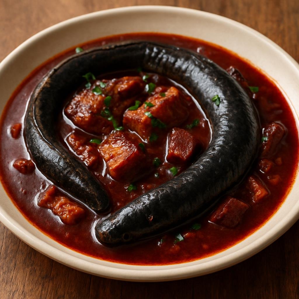 Entree: Portugal – Minho – Lampreia à Bordalesa (Slow-braised lamprey in a rich red wine and blood sauce with cured pork, typical of Minho) recipe