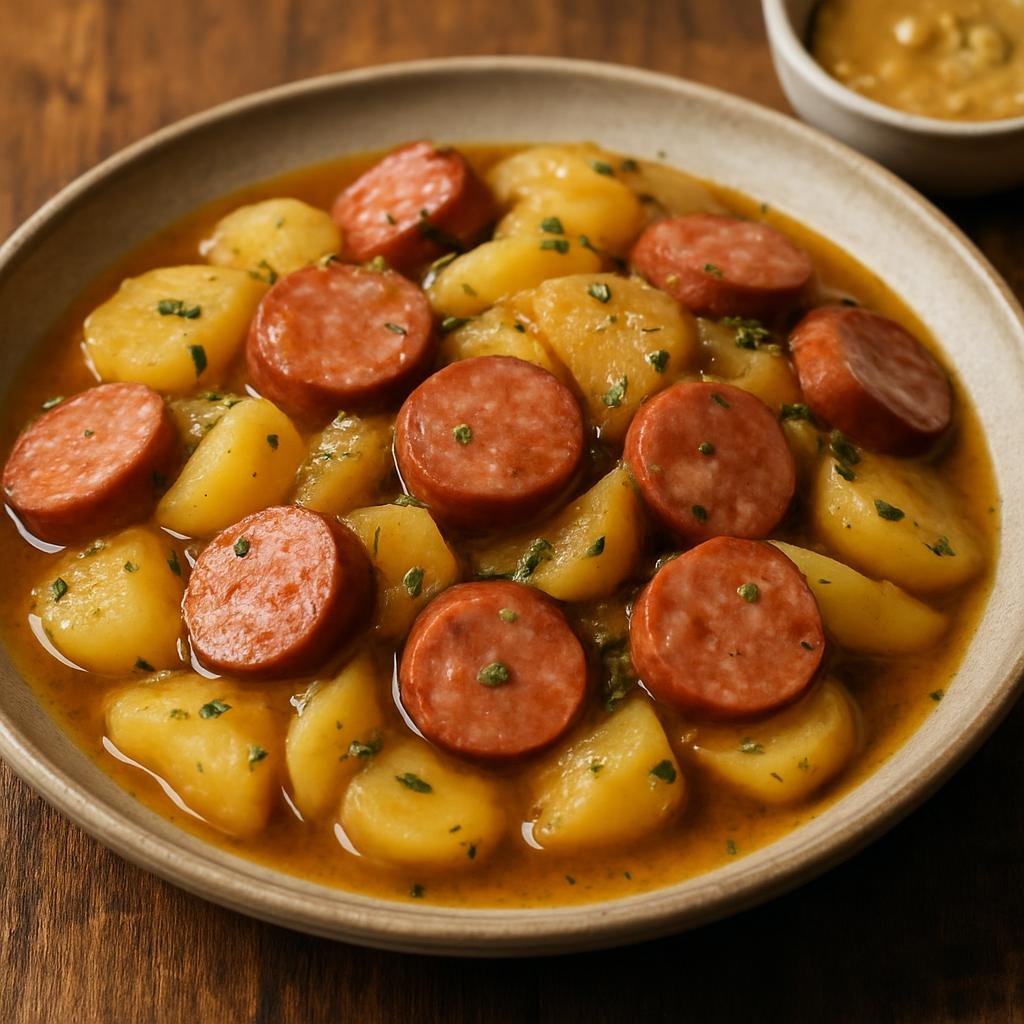 Entree: Germany – Hesse – Hessischer Kartoffelsalat mit Wurst (Warm Hessian potato salad dressed with hot broth and mixed with sliced sausages) recipe