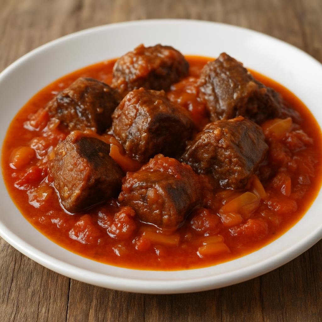 Entree: Spain – Canary Islands – Tollos en Salsa (Rehydrated salted dried tuna stewed in a Canary Island tomato and onion sauce) recipe