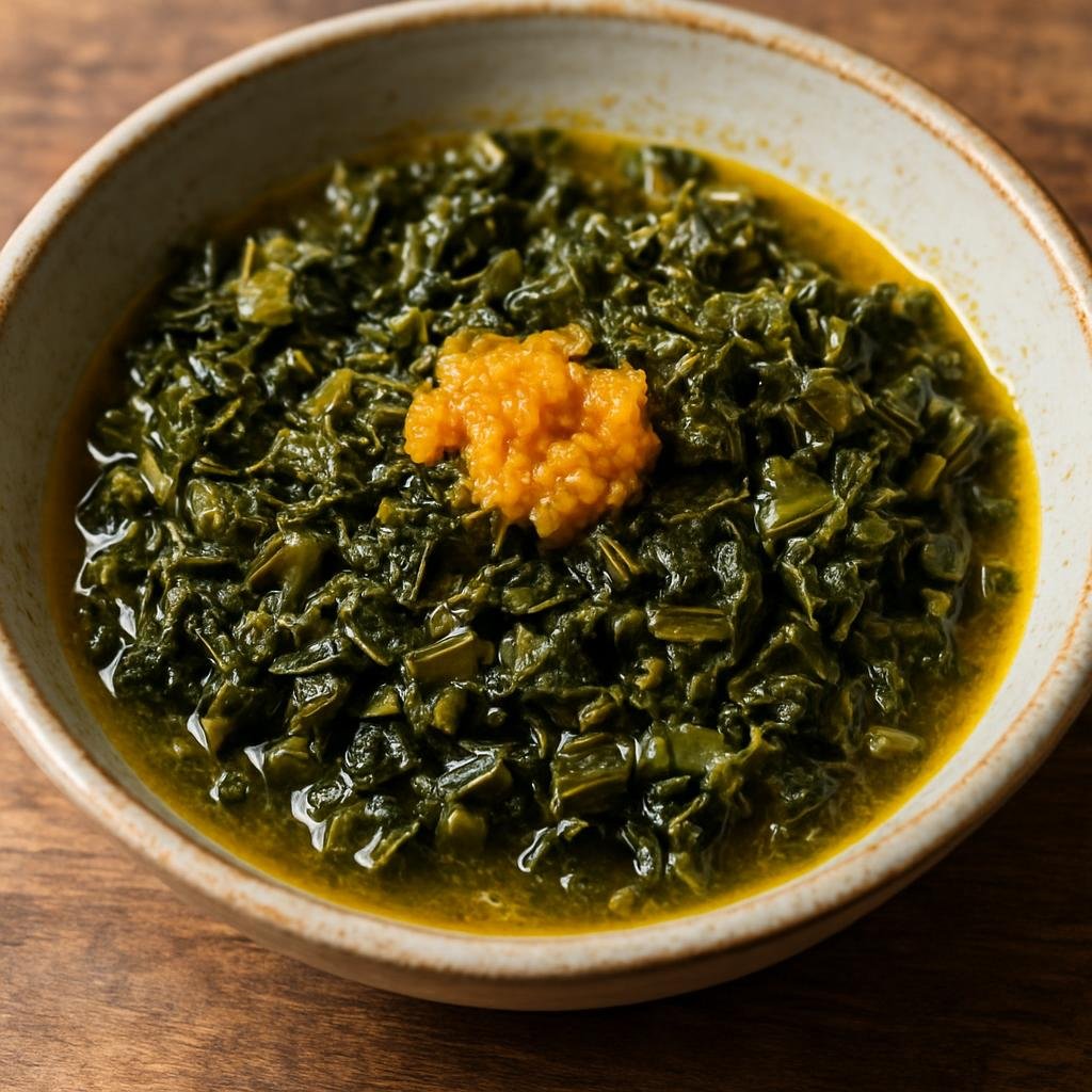 Entree: Ethiopia – Gurage – ጎመን ➤ Gomen (Braised Ethiopian collard greens seasoned with spiced clarified butter) recipe