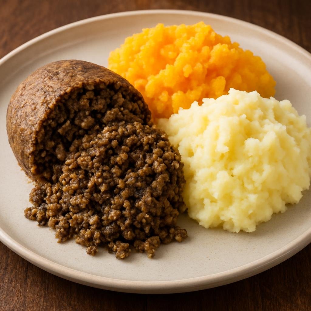 Entree: United Kingdom – England - North – Haggis, Neeps, and Tatties (Steamed spiced sheep's offal pudding served with mashed swede and mashed potatoes) recipe