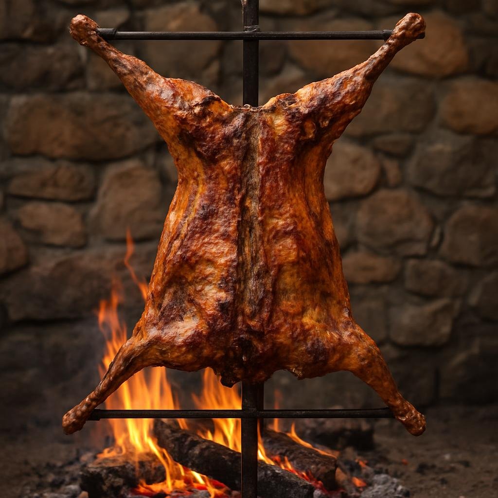 Entree: Argentina – Northeast Argentina – Cordero a la Estaca (Whole lamb slow-roasted on a vertical stake over an open fire) recipe