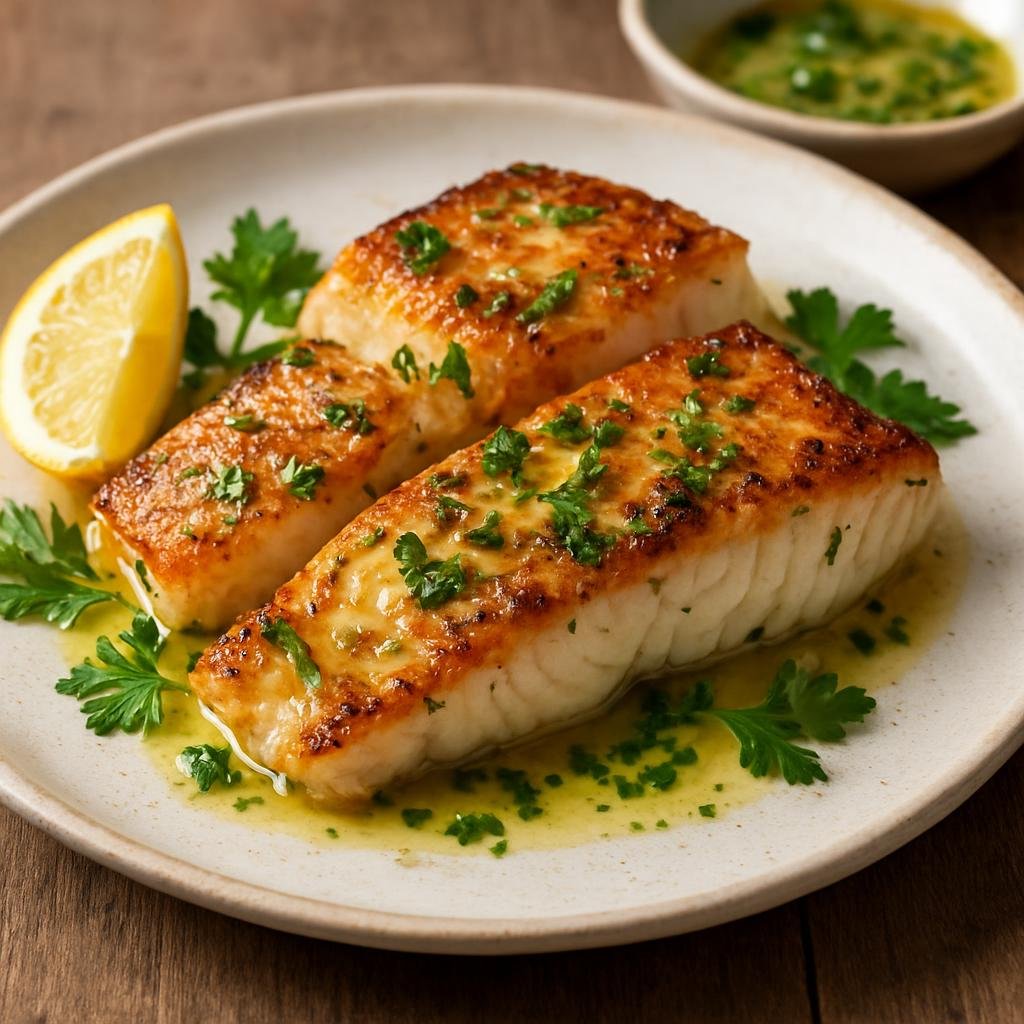 Entree: Australia – South Australia – Murray River Cod (Pan-seared Murray River cod fillets with lemon and herb butter) recipe