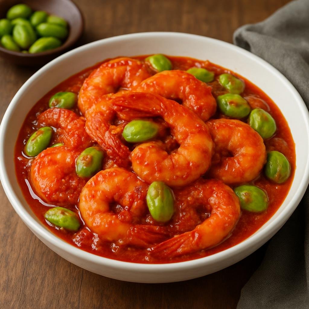 Entree: Malaysia – Peranakan / Nyonya – Sambal Udang Petai (Spicy stir-fried prawns with fermented stink beans in a tangy sambal chili paste) recipe