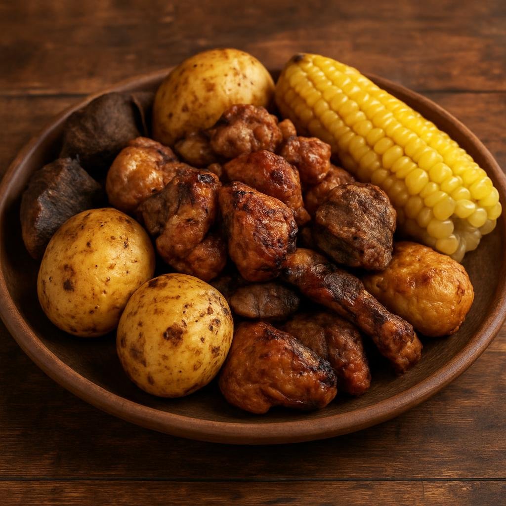 Entree: Peru – Lima / Criollo – Pachamanca (Traditional Peruvian earth-oven roast of marinated meats, potatoes, and corn cooked with hot stones) recipe