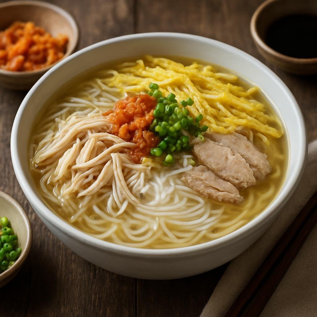 Entree: Vietnam – Northern Vietnam – Bun Thang (Clear northern Vietnamese rice vermicelli soup with shredded chicken, pork, egg crepes, and dried shrimp) recipe