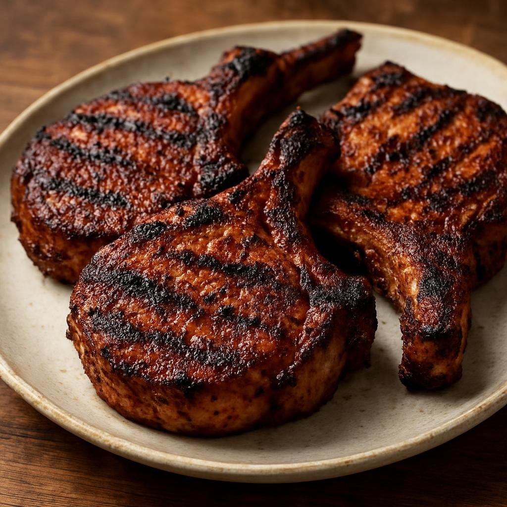 Entree: United States – Texas – Mesquite-Grilled Pork Chops (Bone-in pork chops charred over mesquite wood with a smoky, slightly sweet Texan spice rub) recipe