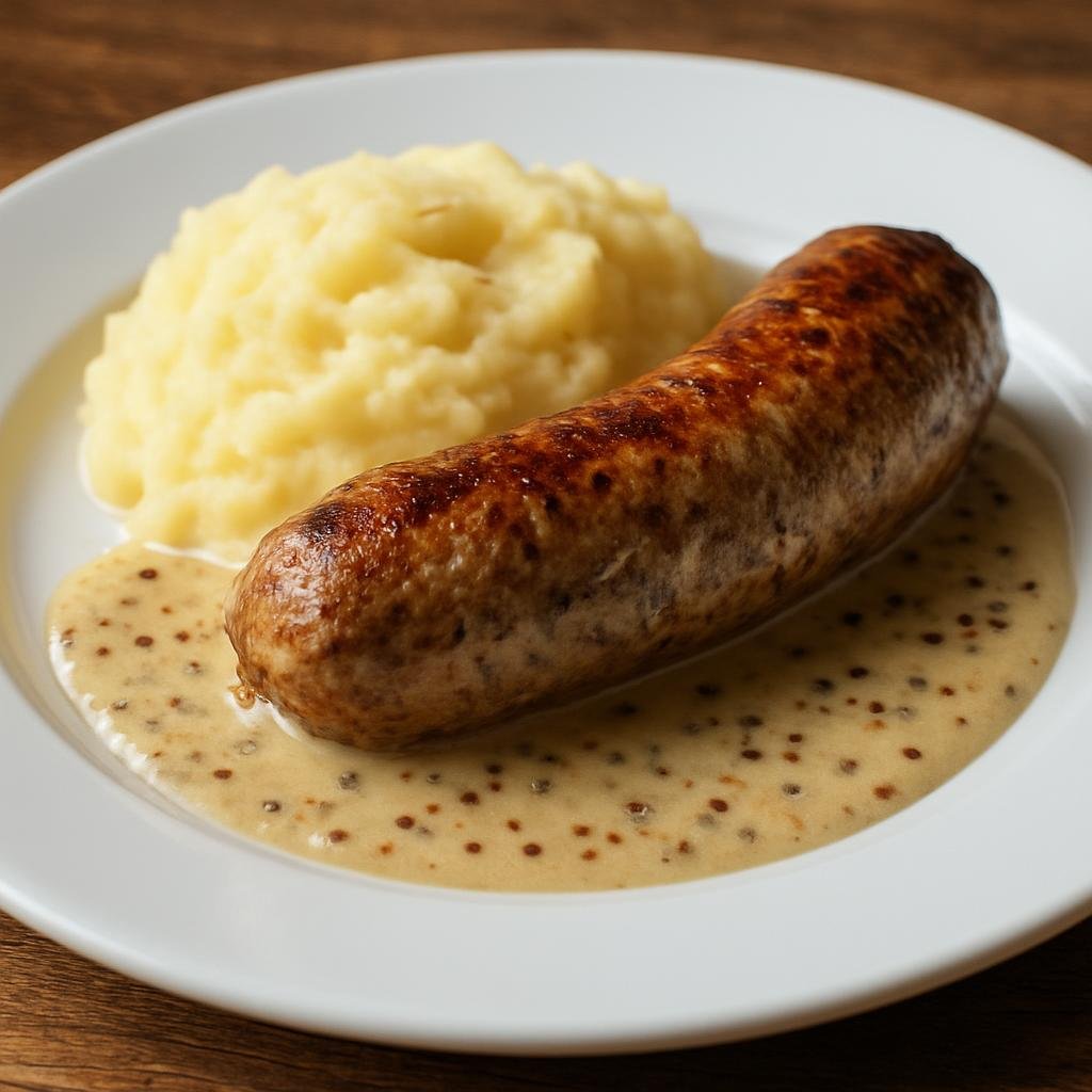 Entree: France – Burgundy – Andouillette de Troyes (Coarse pork sausage made from pork intestines and tripe, traditionally served pan-seared with a mustard-wine sauce) recipe
