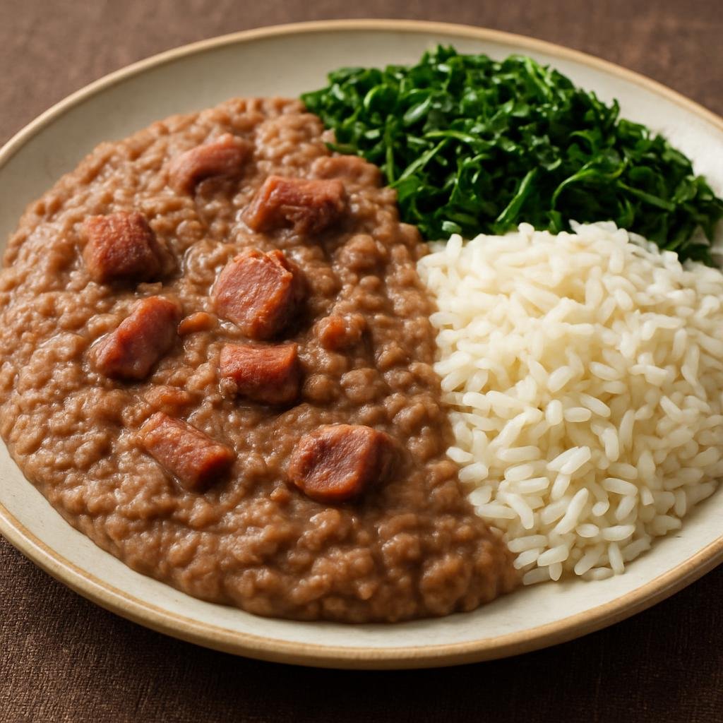 Entree: Brazil – Central Culinary Region – Tutu de Feijão (Thick mashed bean purée cooked with manioc flour and pork, served with rice and collard greens) recipe