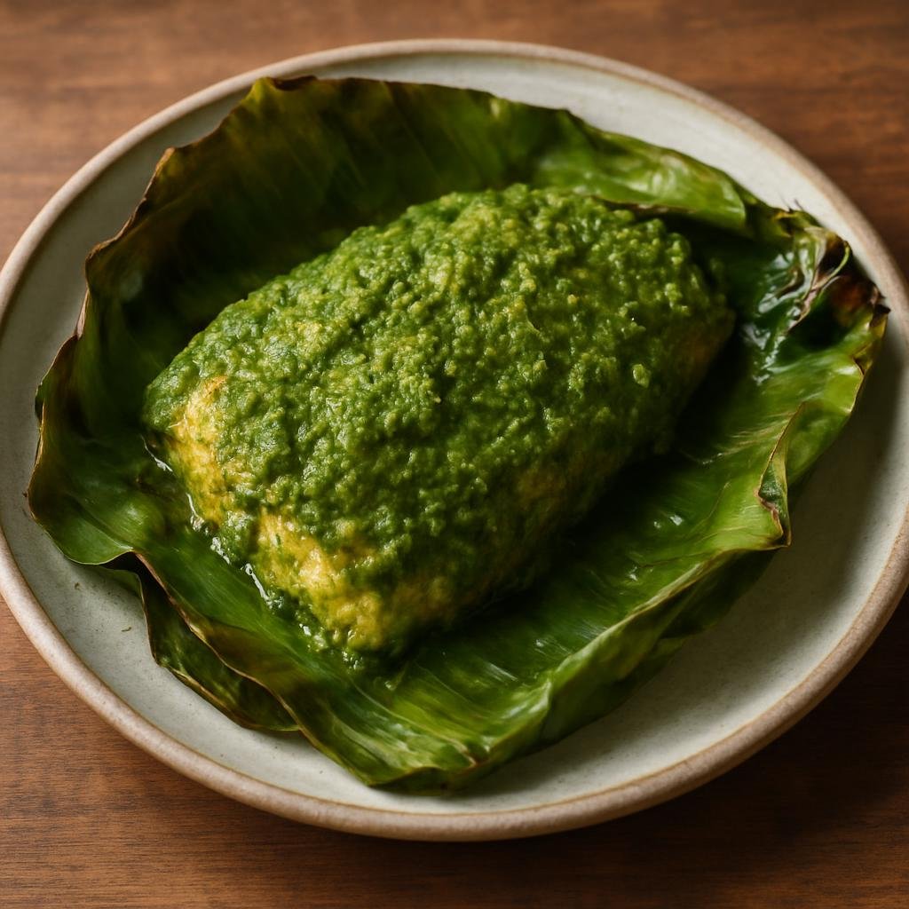 Entree: India – Parsi-Indian – સાસ ની માછી ➤ Saas ni Machhi (Steamed fish topped with a tangy green coconut-coriander paste wrapped and steamed in banana leaf) recipe