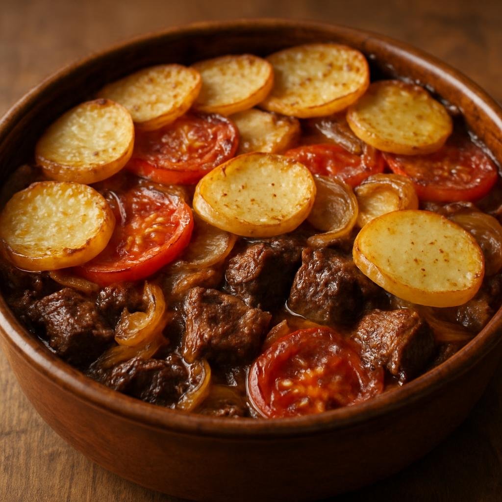 Entree: United Kingdom – England - North – Panackelty (Hearty northern English baked casserole of braised beef layered with sliced potatoes, onions, and tomatoes cooked until tender) recipe