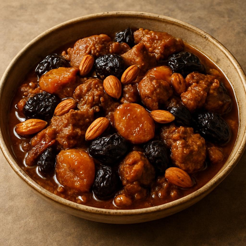Entree: Algeria – Sahara Algeria – مدربل ➤ Mderbel (Saharan slow-braised spiced lamb stew with dried fruits and almonds) recipe