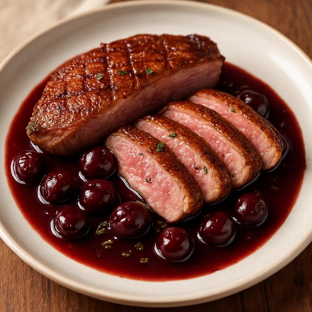 Entree: United States – California Wine Country – Seared Duck Breast with Cherry Reduction (Pan-seared duck breast finished with a reduced cherry and red wine sauce) recipe