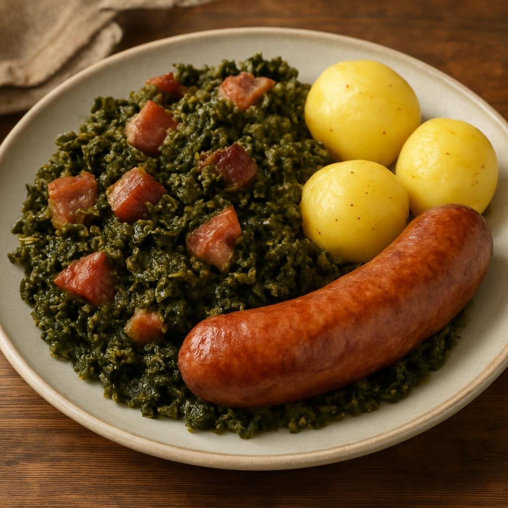 Entree: Germany – Lower Saxony – Grünkohl mit Pinkel (Stewed curly kale cooked with smoked pork and served with hearty Pinkel sausage and potatoes) recipe