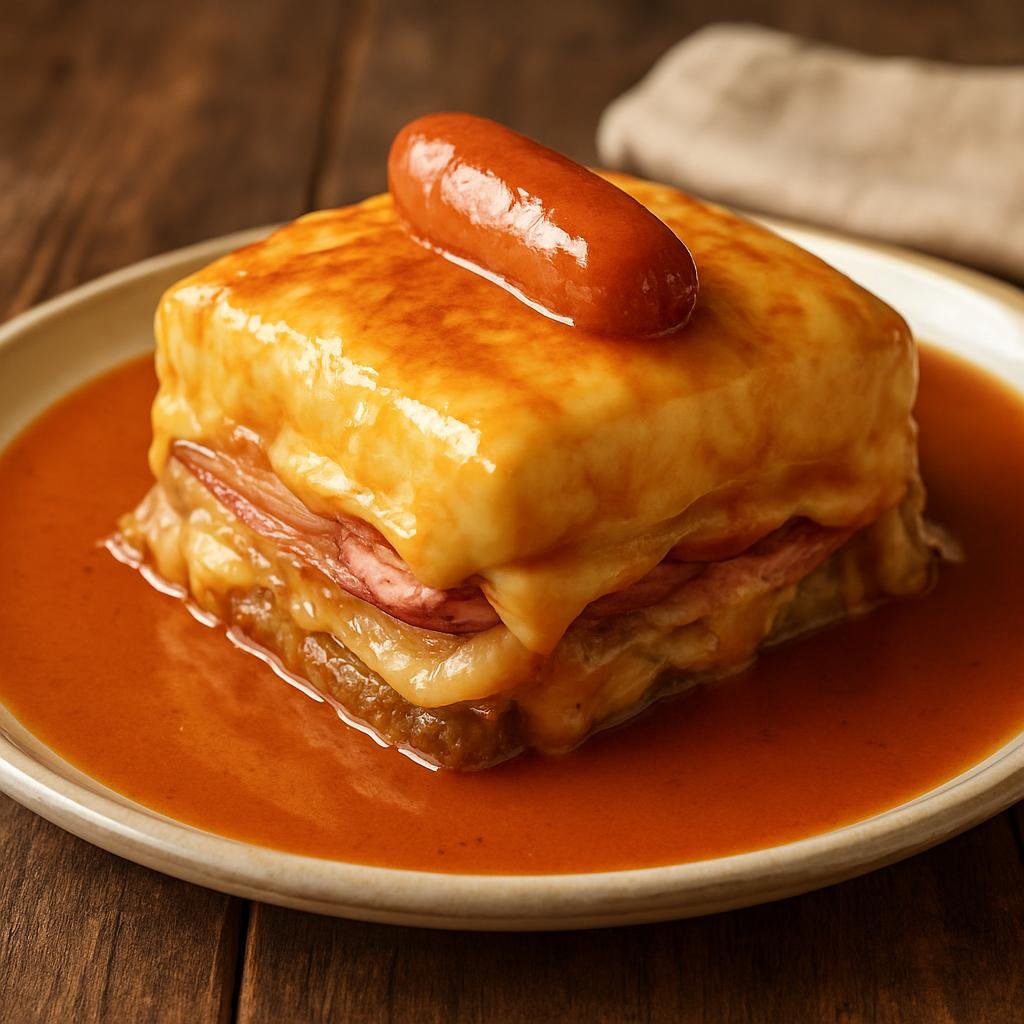 Entree: Portugal – Porto & North – Francesinha (Hearty Porto sandwich of layered cured meats and steak, covered in melted cheese and a spicy beer-tomato sauce) recipe