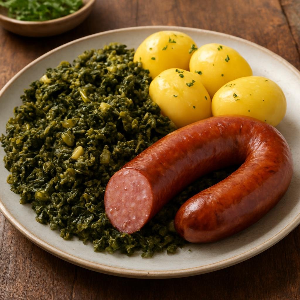 Entree: Germany – Lower Saxony – Braunkohl mit Bregenwurst (Stewed brown/curly kale cooked with smoked pork sausage, served with boiled potatoes) recipe