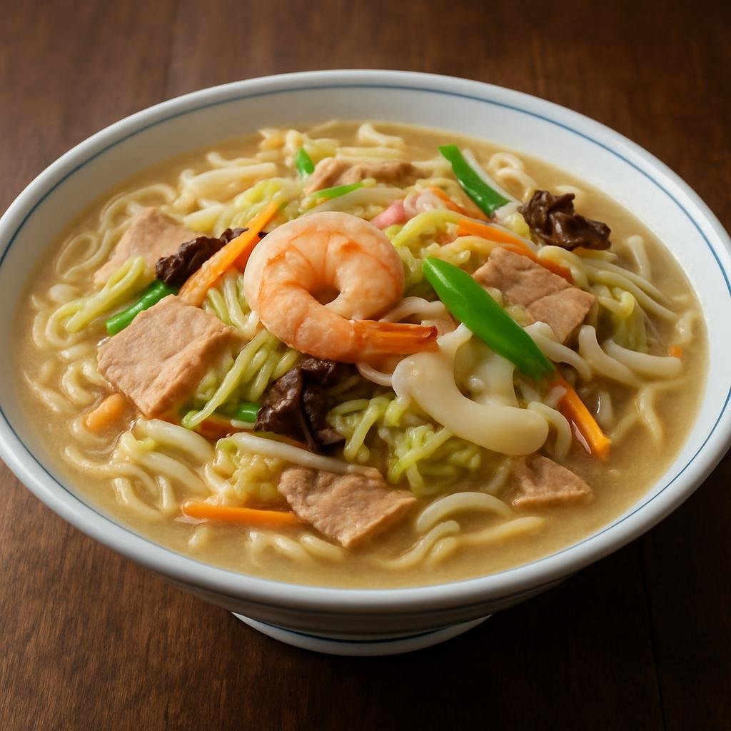 Entree: Japan – Kyushu – ちゃんぽん ➤ chanpon (Nagasaki-style hearty noodle soup with pork, seafood, and mixed vegetables in a rich bone broth) recipe