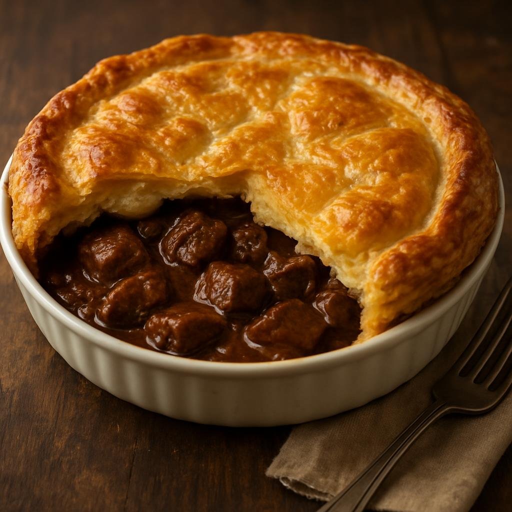 Entree: Australia – Sydney & New South Wales – Beef and Guinness Pie (Slow-braised beef in stout with rich gravy, baked under a golden pastry crust) recipe