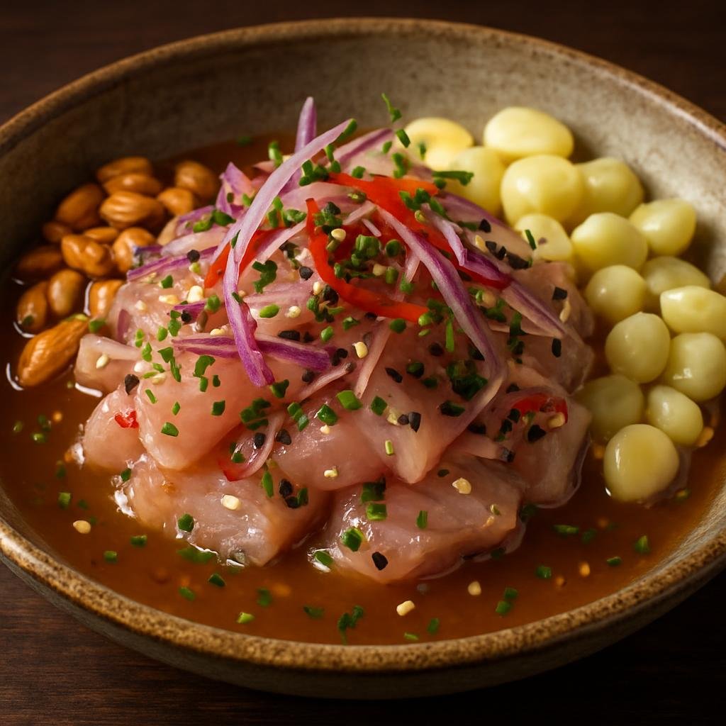 Entree: Peru – Nikkei Peruvian – Ceviche Nikkei (Peruvian-Japanese style citrus-cured raw fish flavored with soy, ginger, and sesame) recipe