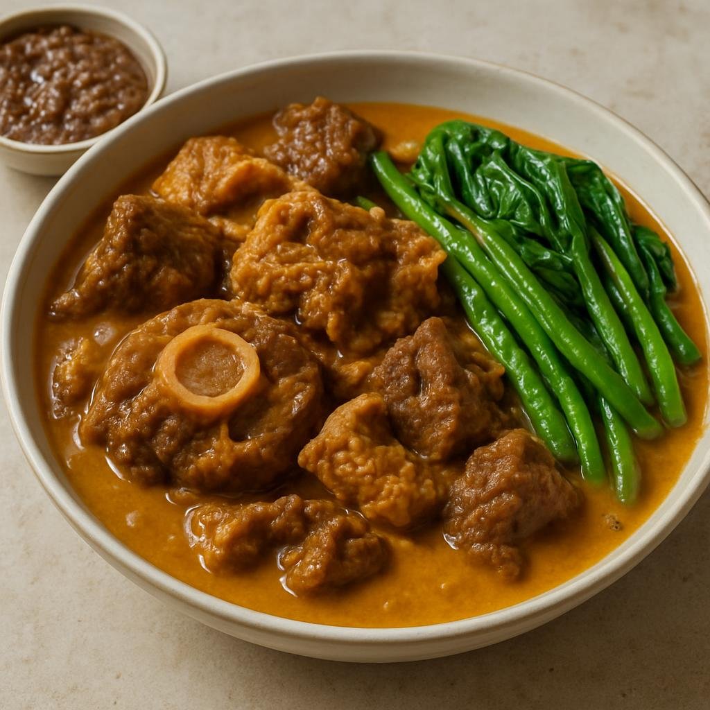 Entree: Philippines – Tagalog / Manila – Kare-Kare (Filipino oxtail and beef stew in a savory peanut and ground-rice sauce served with fermented shrimp paste) recipe