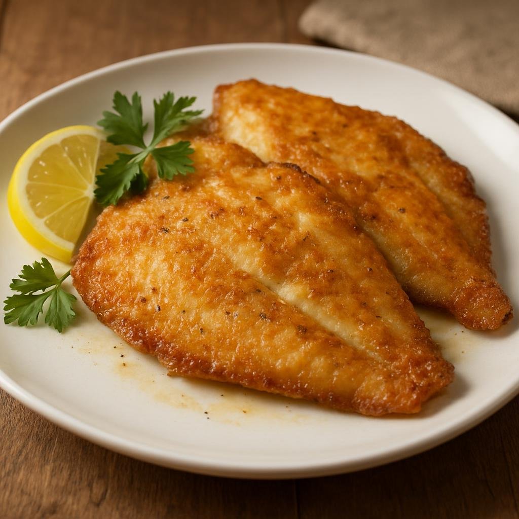 Entree: Poland – Pomerania – Smażona Flądra (Pan-fried flounder fillets lightly seasoned and browned in butter for a crisp, delicate fish entree) recipe