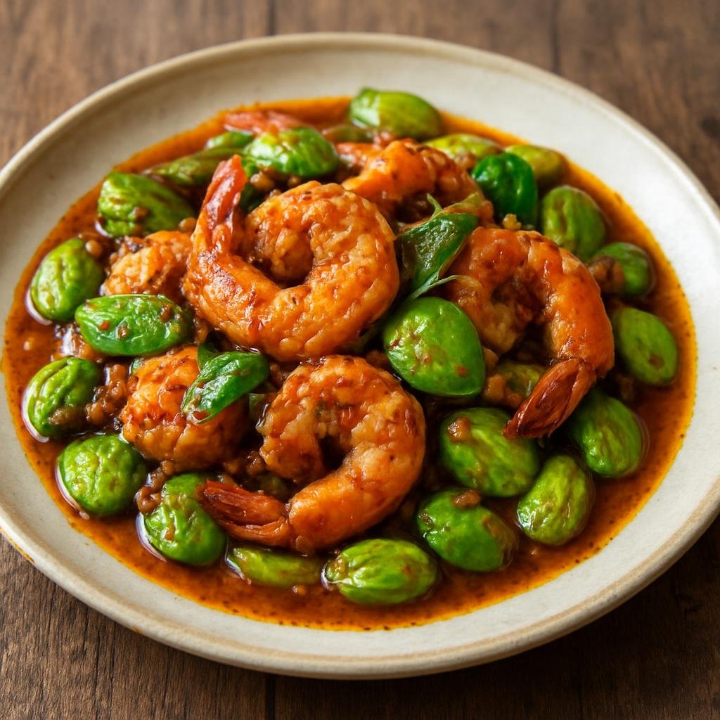 Entree: Thailand – Southern Thailand – ผัดสะตอกุ้ง ➤ Phat Sataw Goong (Stir-fried stink beans with prawns in a spicy southern Thai sauce) recipe
