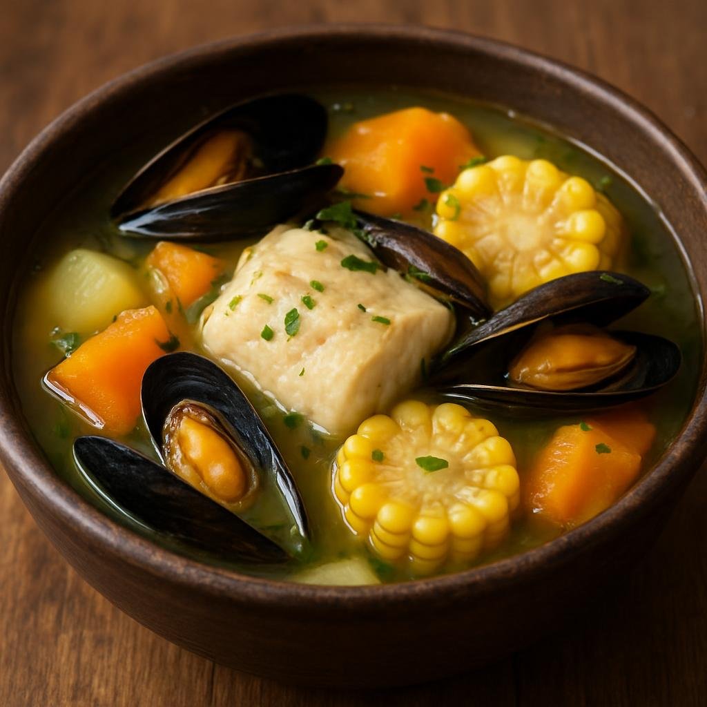 Entree: Chile – Southern Chile – Cazuela Chilota (A hearty Chilote seafood and vegetable stew of fish, mussels, potatoes, corn, and squash in a clear savory broth) recipe