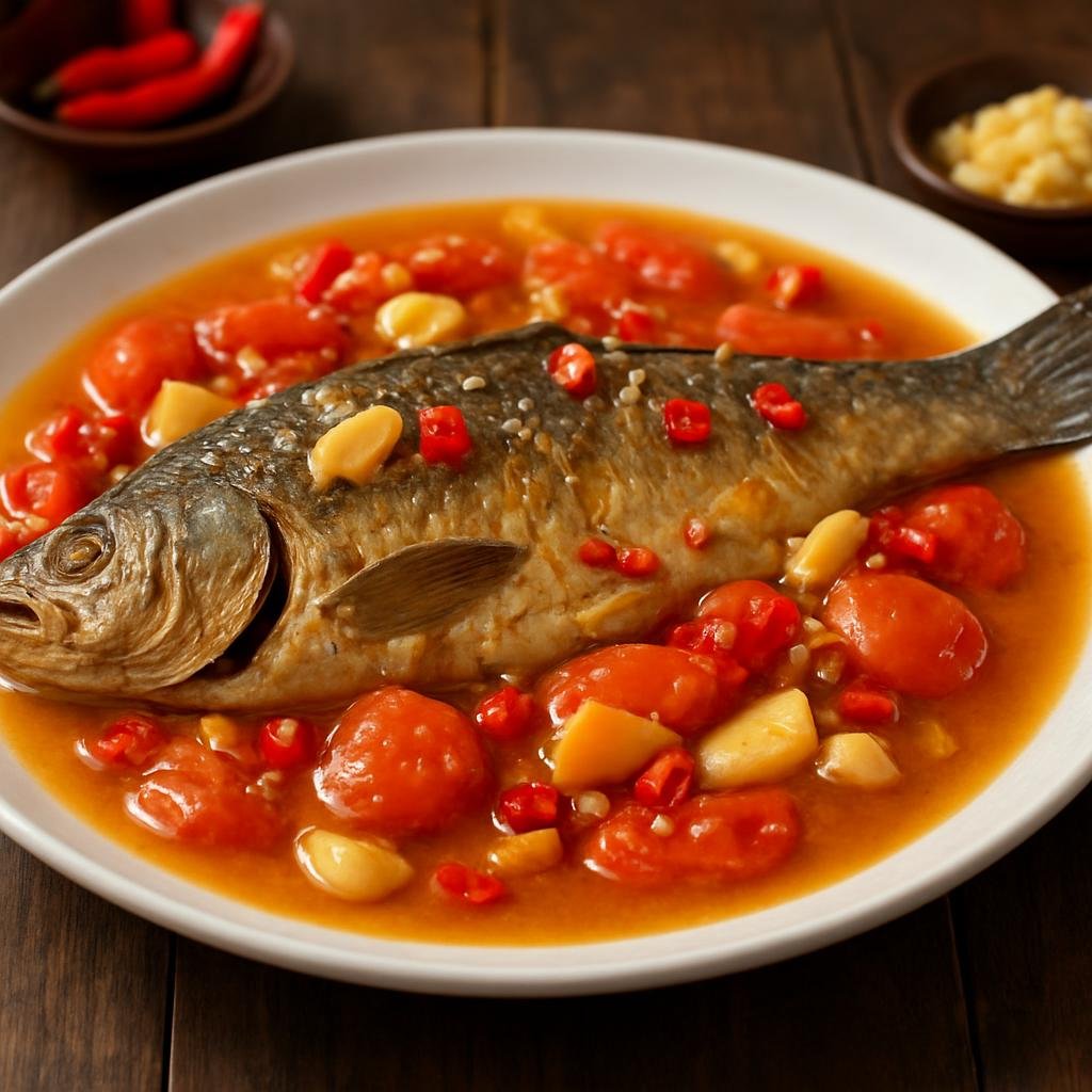 Entree: China – Guangxi – 阳朔啤酒鱼 ➤ Yángshuò Píjiǔ Yú (Whole freshwater fish poached in beer with tomatoes, ginger, garlic, and chilies from Yangshuo) recipe