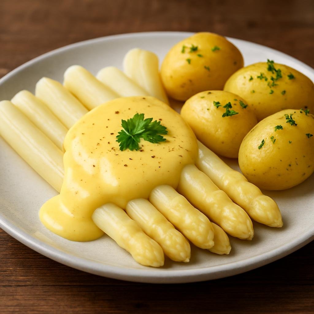 Entree: Germany – Lower Saxony – Spargel mit Sauce Hollandaise (Steamed white asparagus served with classic hollandaise sauce and boiled potatoes) recipe